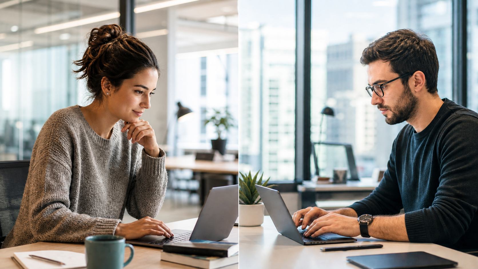 Two People Remote Work in Corporate Offices Communicating